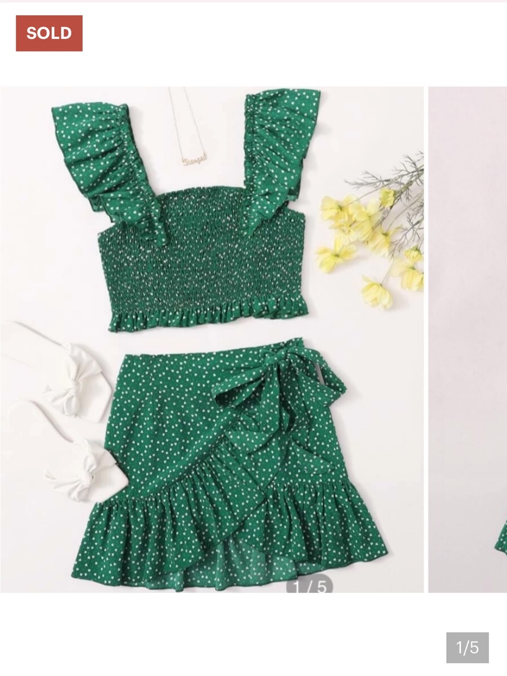 Ruffle Detail Shirred Top Asymmetrical Hem Wrap Skirt Set Green Medium
